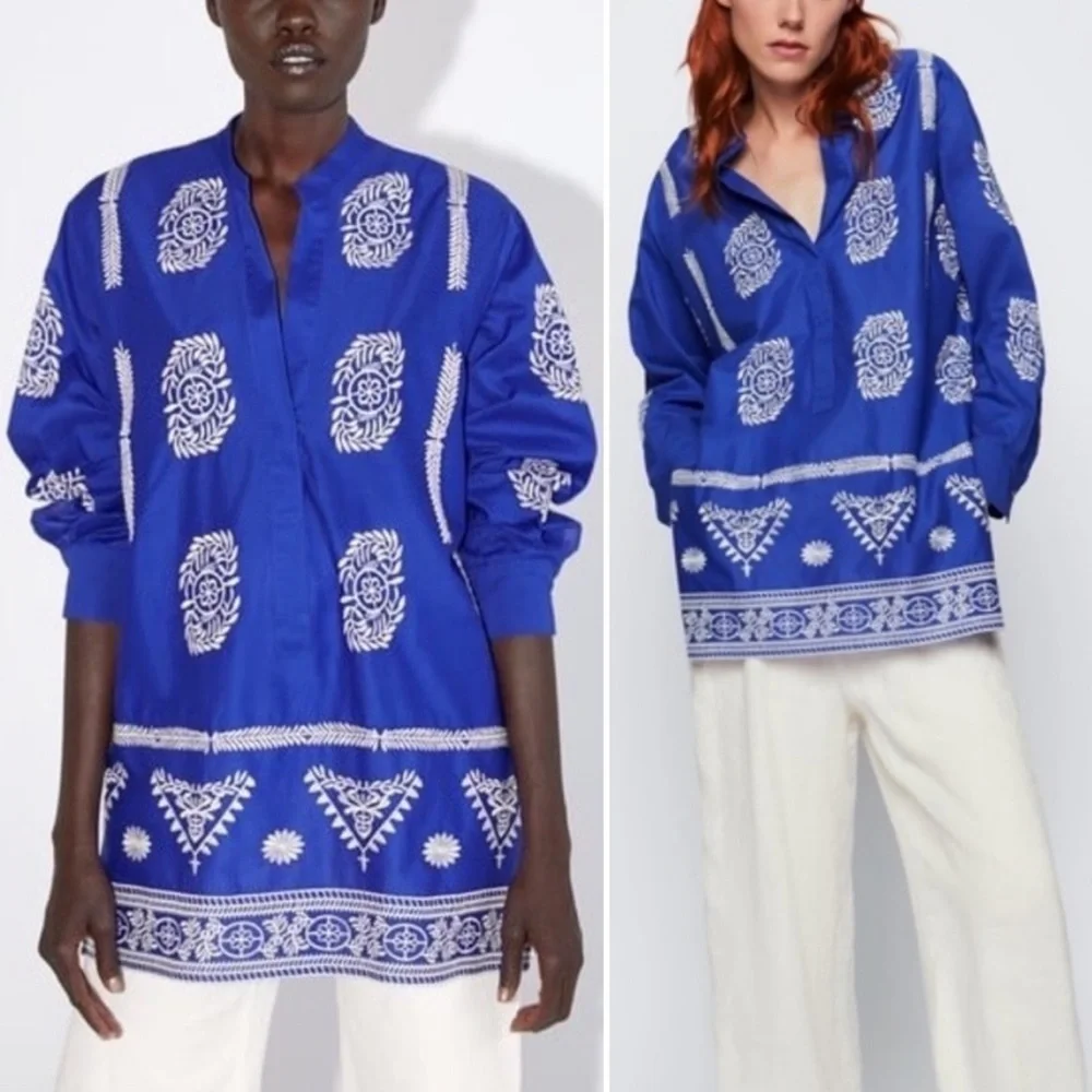 Zara Blue Embroidered Tunic Top